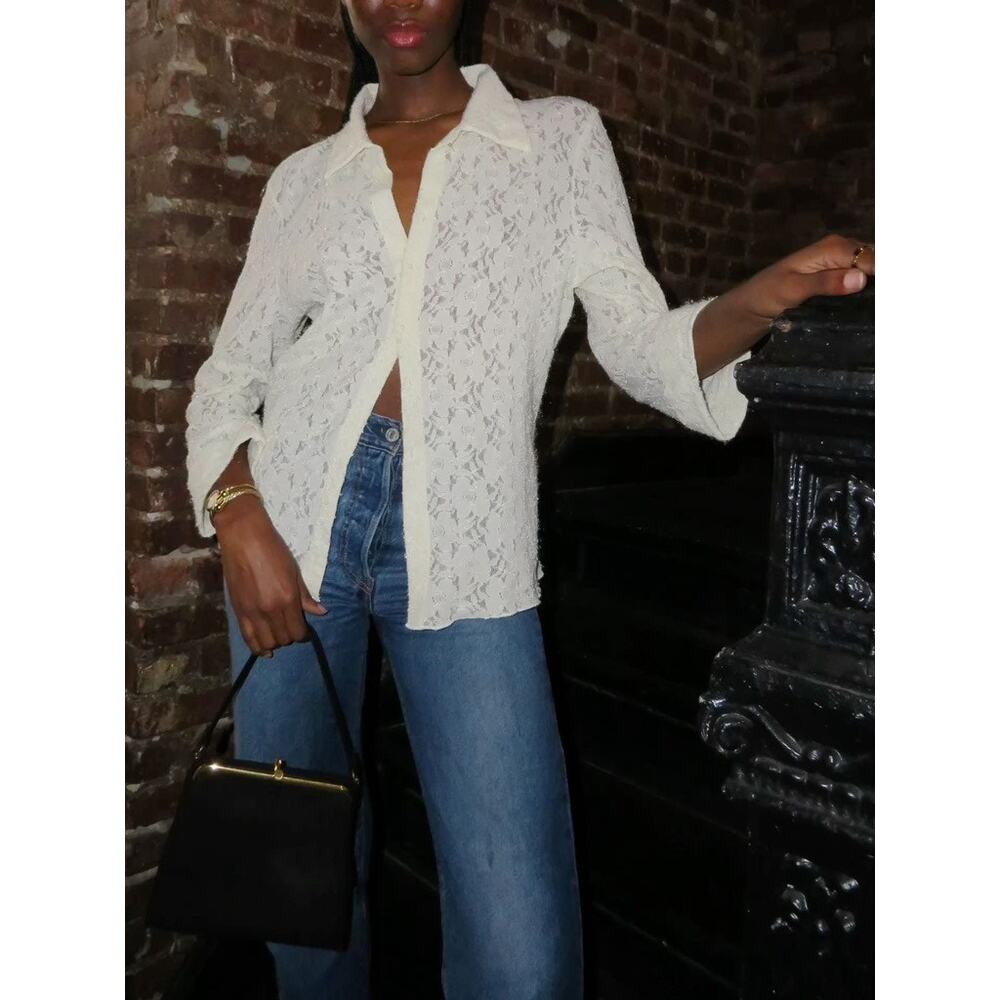Vintage CW Classics Floral Lace Button-Up Shirt size XL Sheer Antique Beige - Picture 9 of 16